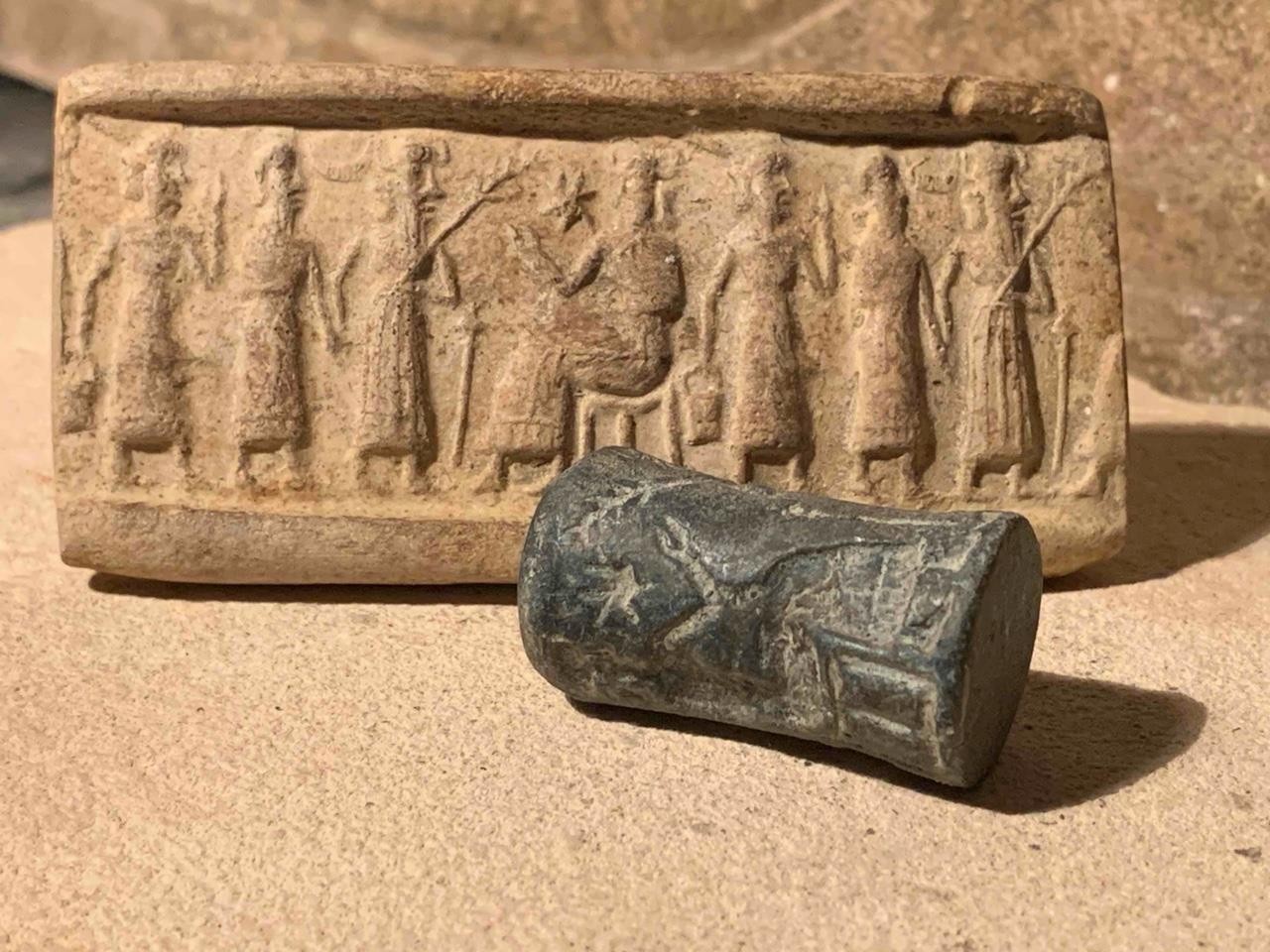 Sumerian / Akkadian Ishtar & Enlil cylinder seal & impression - harvest replica.