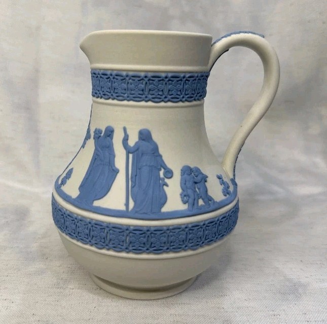 Vintage Wedgwood, Reverse Jasperware, White and Blue, Etruscan Jug,...