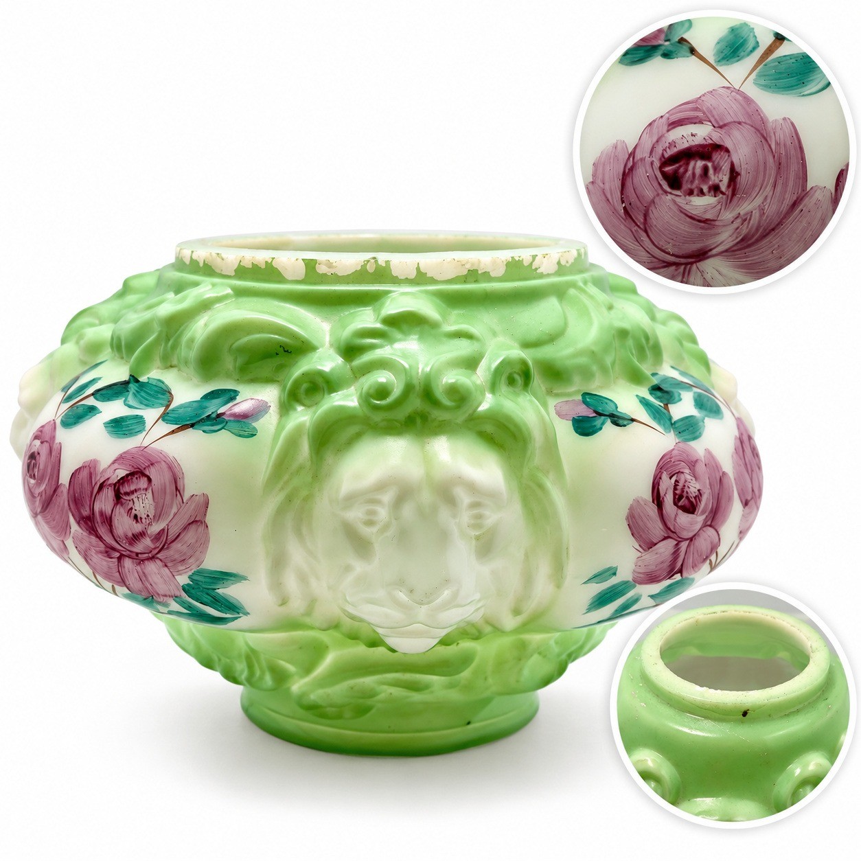Vintage Consolidated Lion Head GWTW Lamp Base Puffy Green Milk Glass Roses