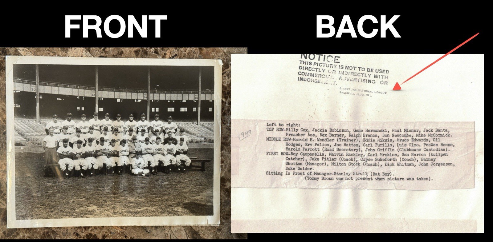 1949 Brooklyn Dodgers Team Photo Jackie Robinson Vintage (Original?) Very RARE 