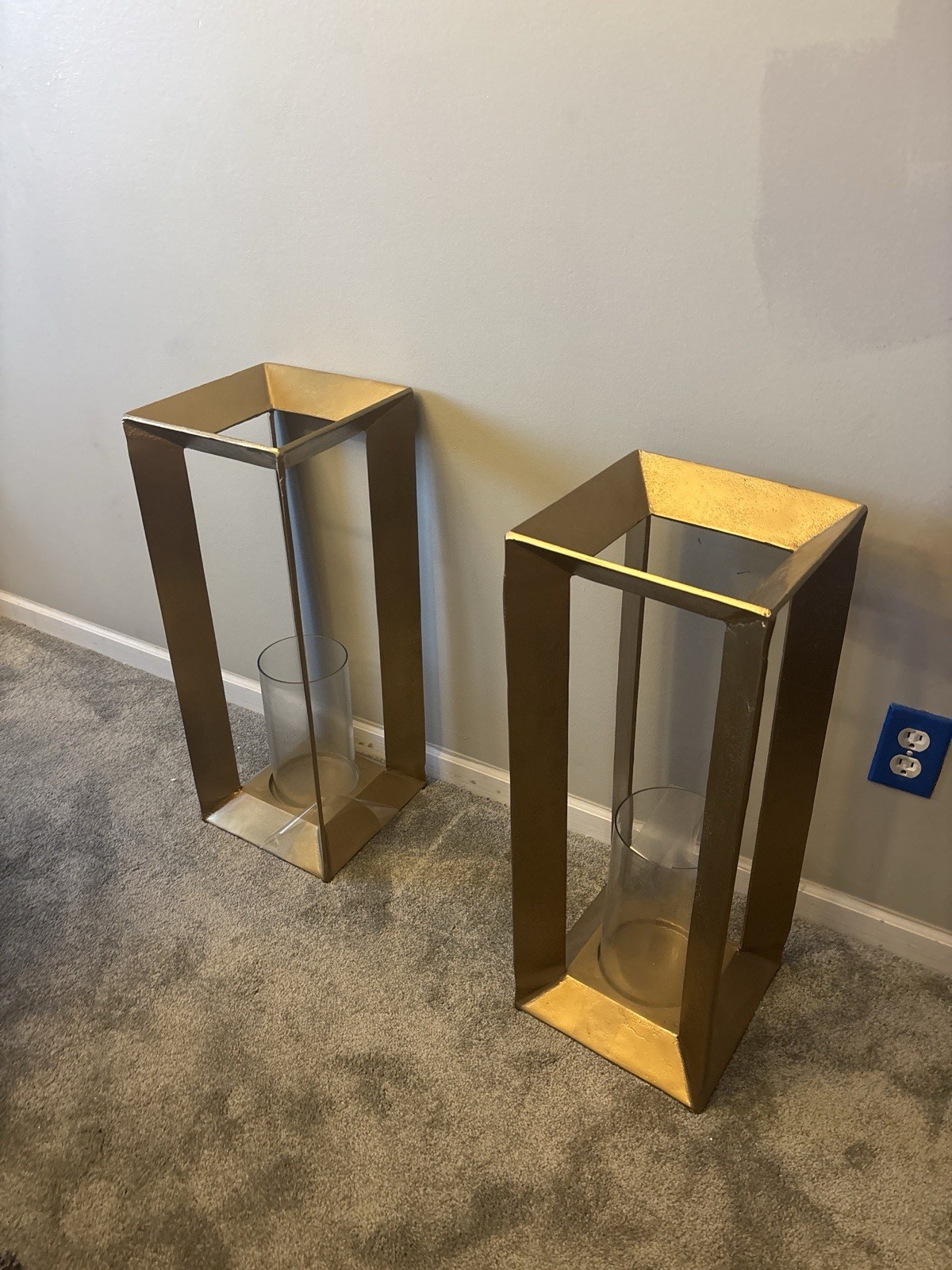 Set of 2 Antique Brass Lantern Pedestal Candle Holders – 9x25 