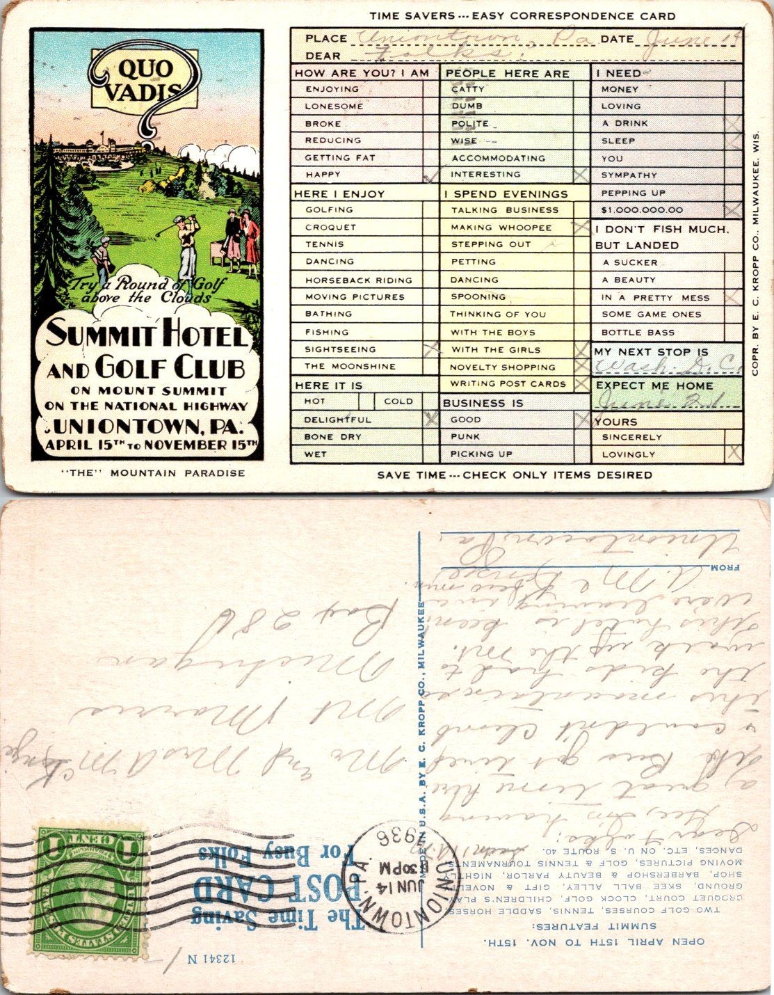 E C Kropp Co Postcard Summit Hotel Golf Club Uniontown PA 1936 Advertising
