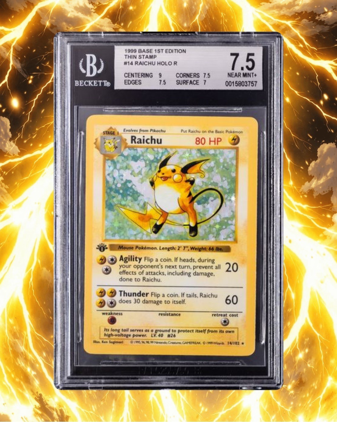 VERY RARE - 1999 BASE 1ST EDITION, THIN STAMP #14 RAICHU BGS 7.5