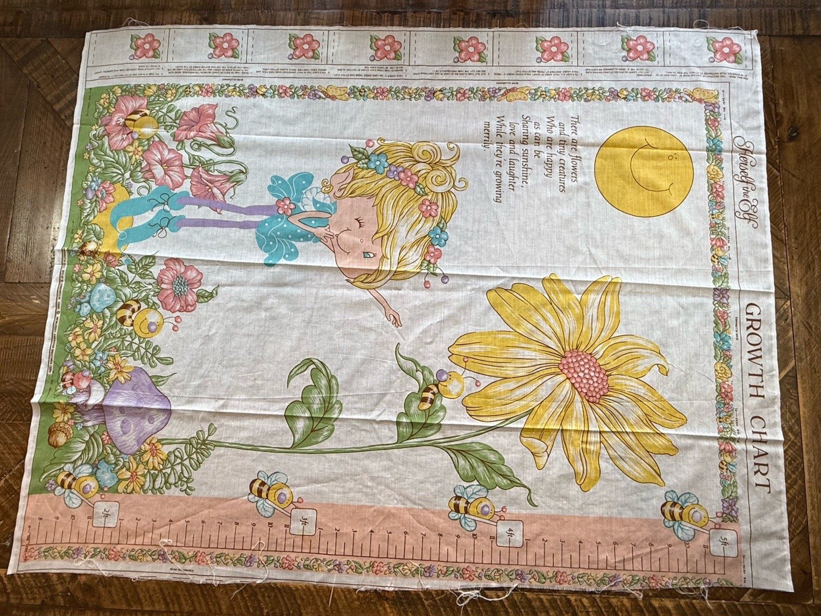 Vintage Herself the Elf Fabric Growth Chart Flower Bees Wall Hanging Panel READ