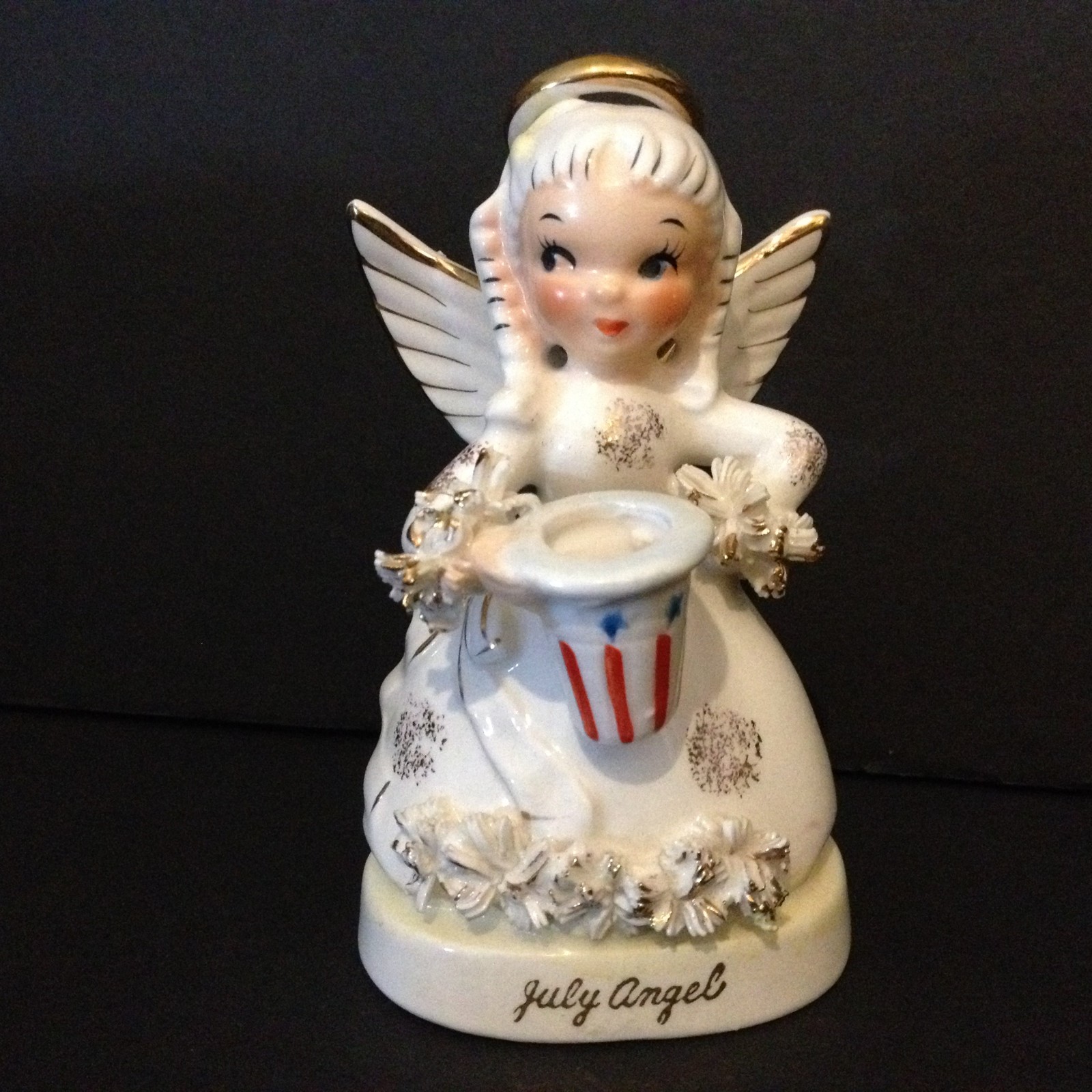VTG Napco July 4th Angel Figurine Ceramic Painted Birthday Patriotic USA 1950\'s