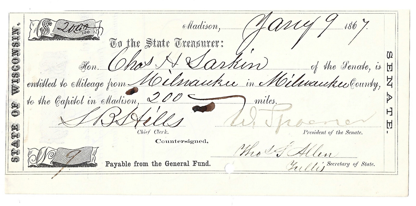 WISCONSIN SCRIP 1867 $200 Abolitionist “Judge” Spooner Signed Senate Draft
