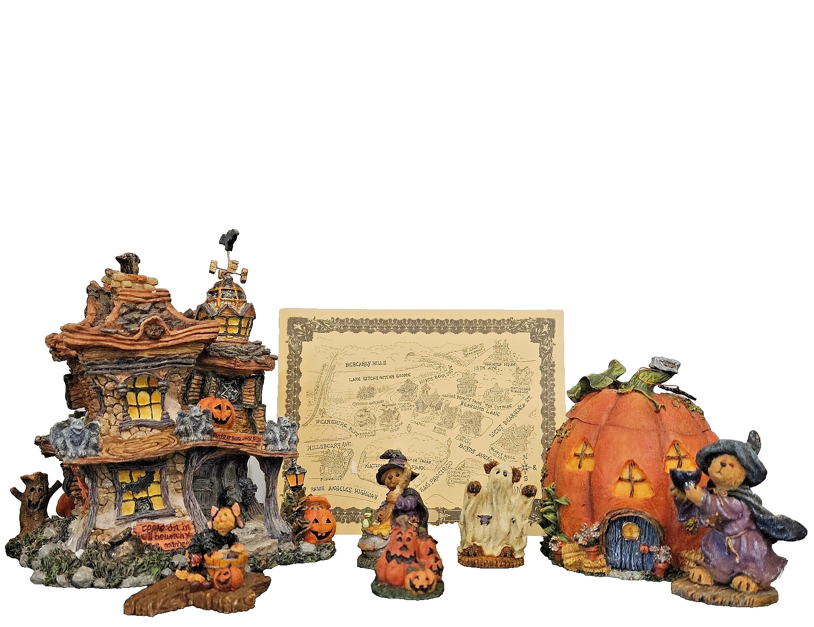 Boyds Halloween Village Lot Punky BooBear's Haunted House Jack-O-Shack 4 Fig NIB