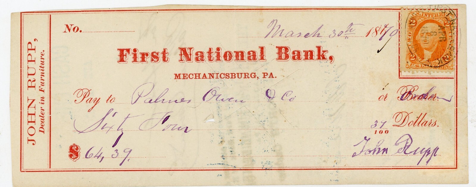 1870 Mechanicsburg PA Check w/ Revenue Stamp John Rupp to Palmer Owen & Co, Ra