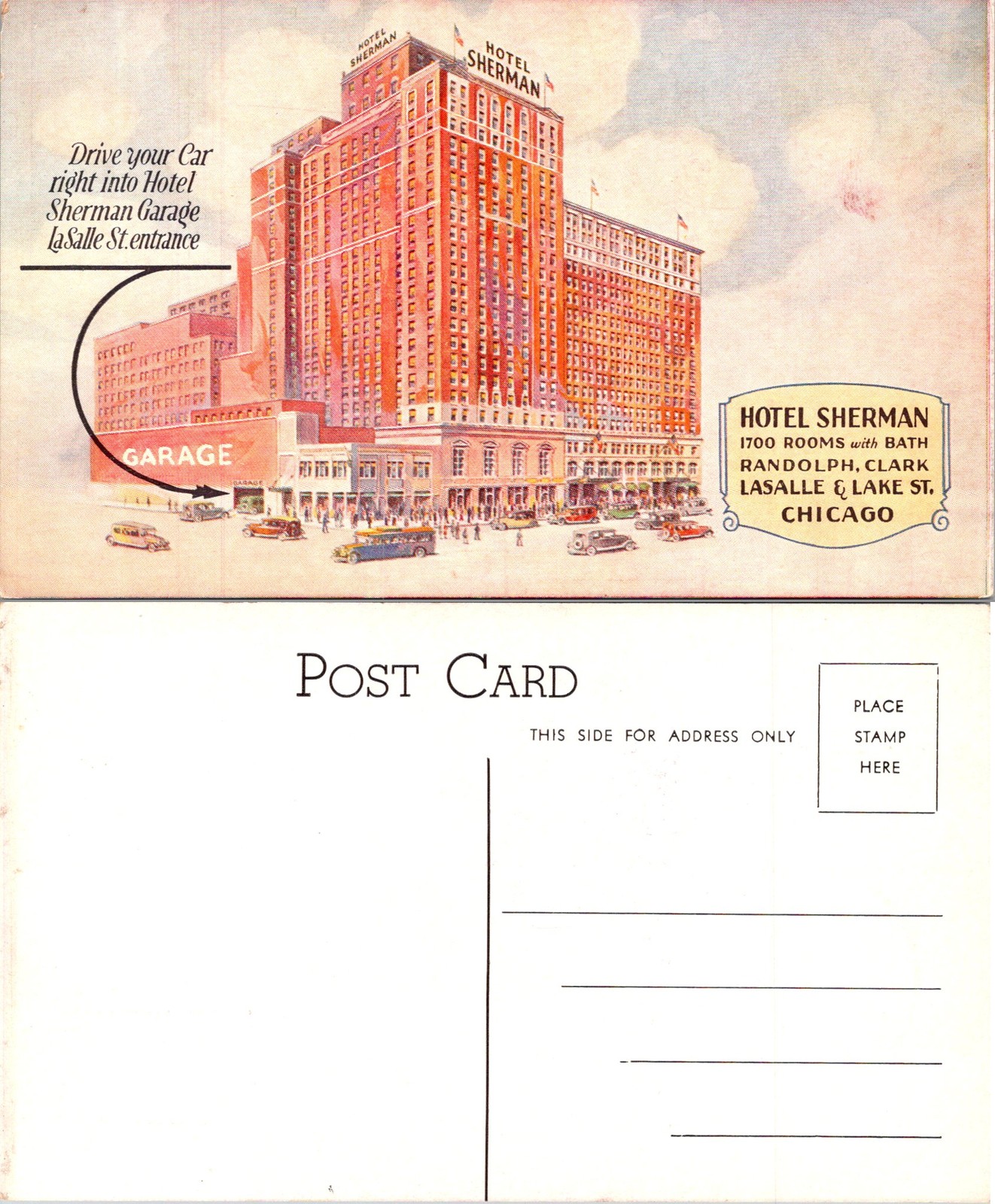 Chicago IL Hotel Sherman Building, Garage La Salle St. Entrance Postcard 73879