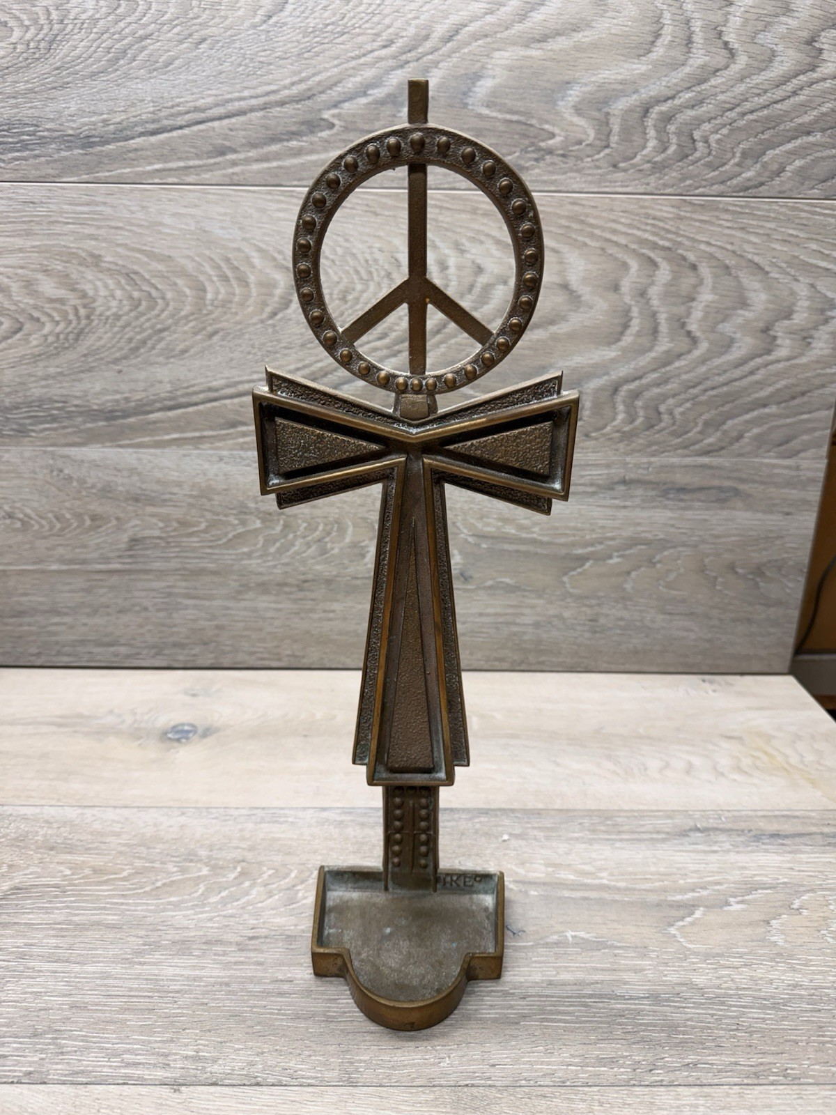 Vintage 1970s IKE Cast Brass Bronze Peace Symbol Ankh Cross Ashtray Incense Base