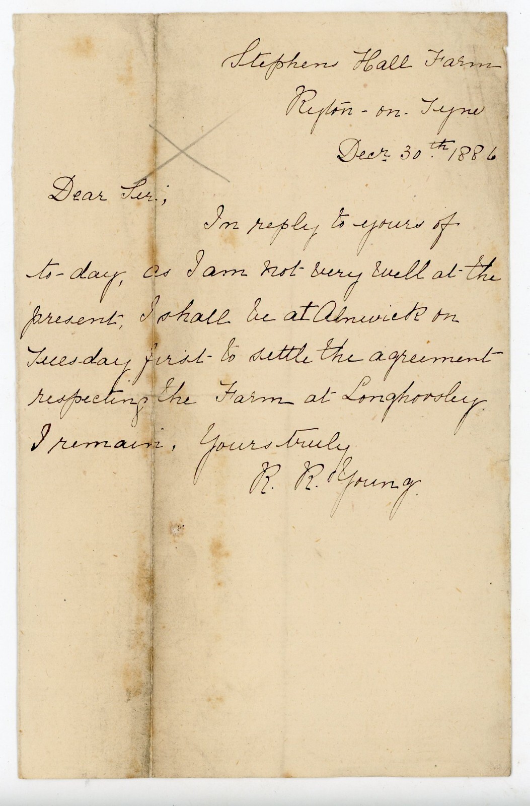 1886 Letter from R. R. Young Regarding Farm Agreement in Longhorsley, England