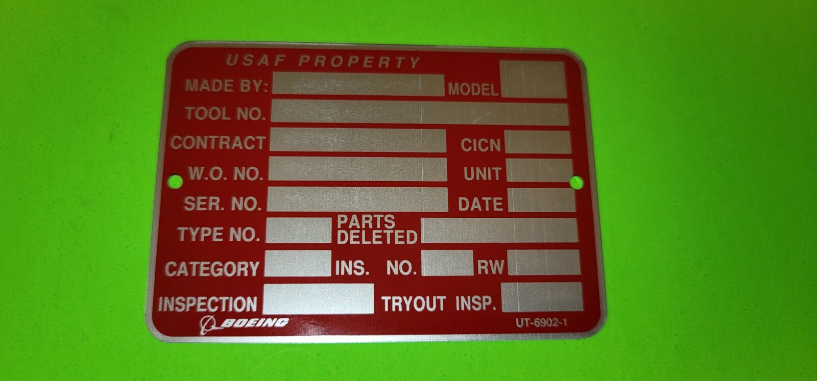Boeing Aircraft Co UT-6902-1 USAF PROPERTY Tag Metal Plate - 4