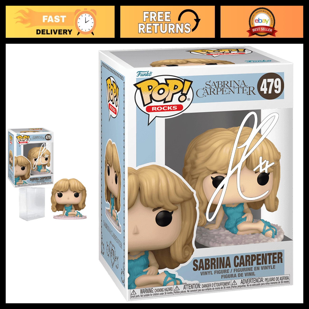 Sabrina Carpenter Night Gown Signed Reprint Funko POP Rocks Figurine w/ Case