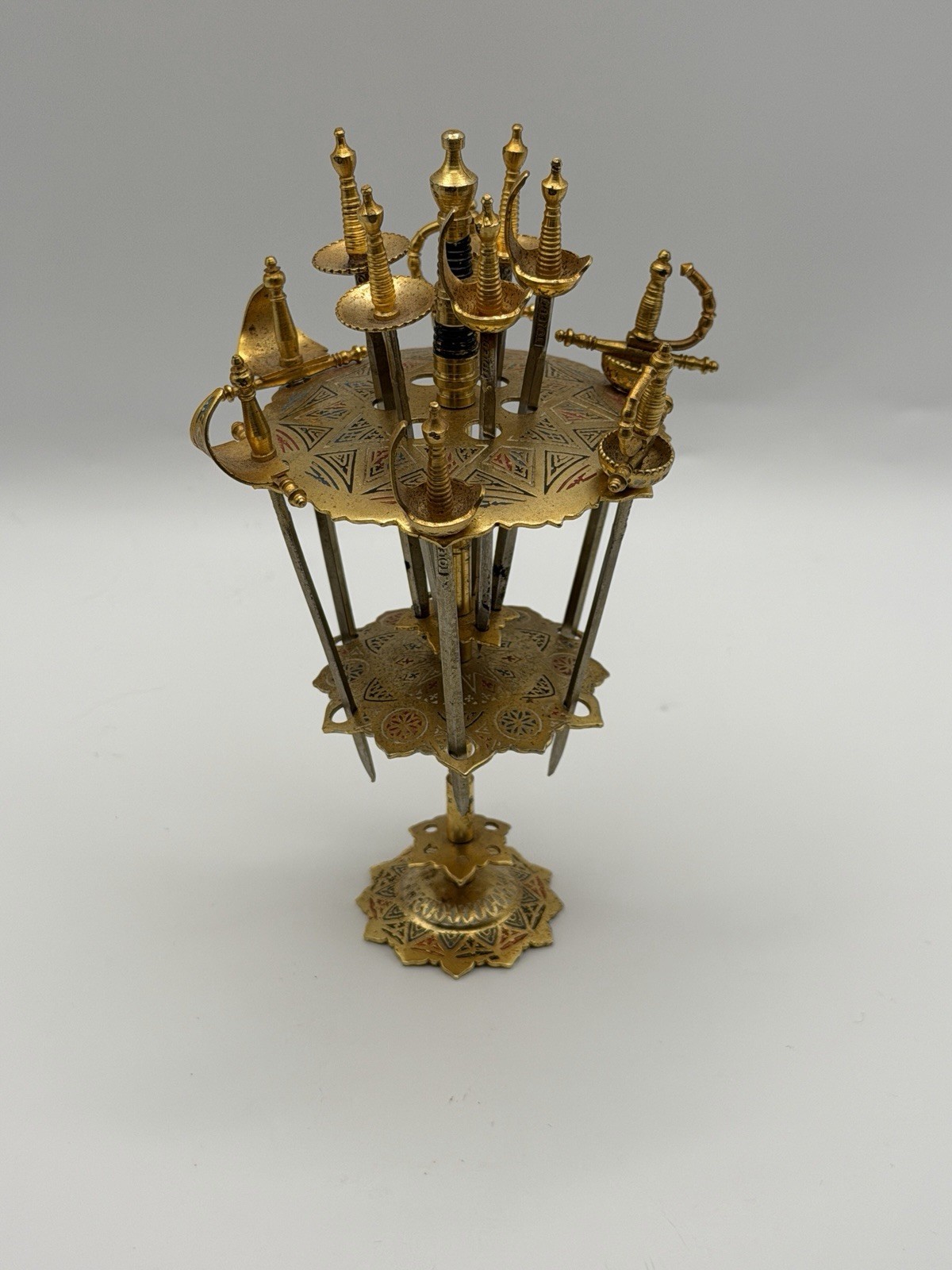Vintage Toledo Spain Set of 11 Sword Cocktail Picks with 2 Tier Stand Brass
