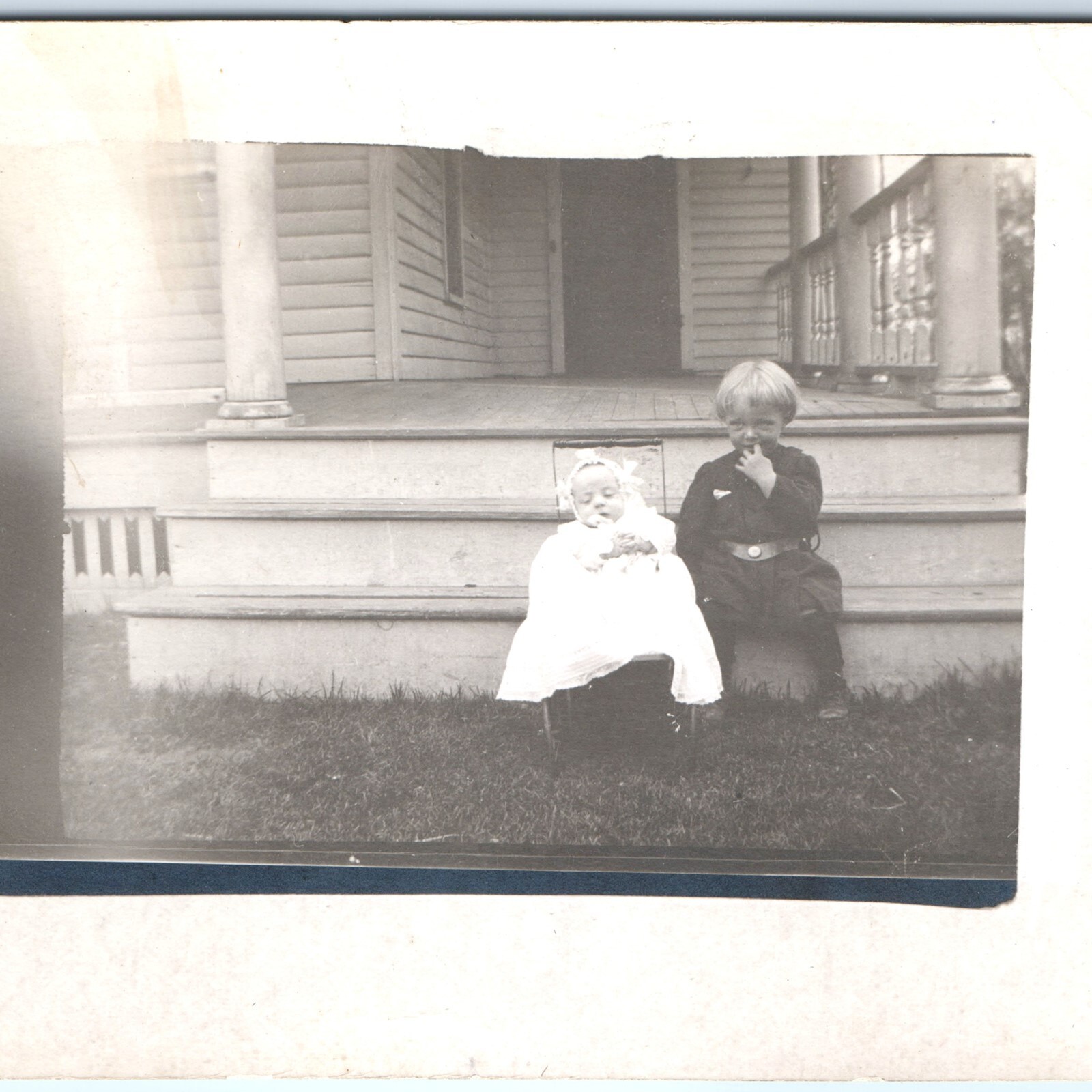 c1910s Owosso, MI Children Porch RPPC Baby Carriage Kids Real Photo Postcard