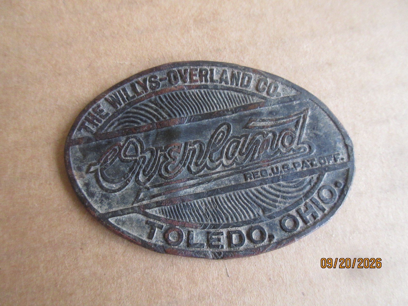 Antique 1910 - 1920's Willys-Overland Co. Toledo, Ohio Radiator Emblem or Tag