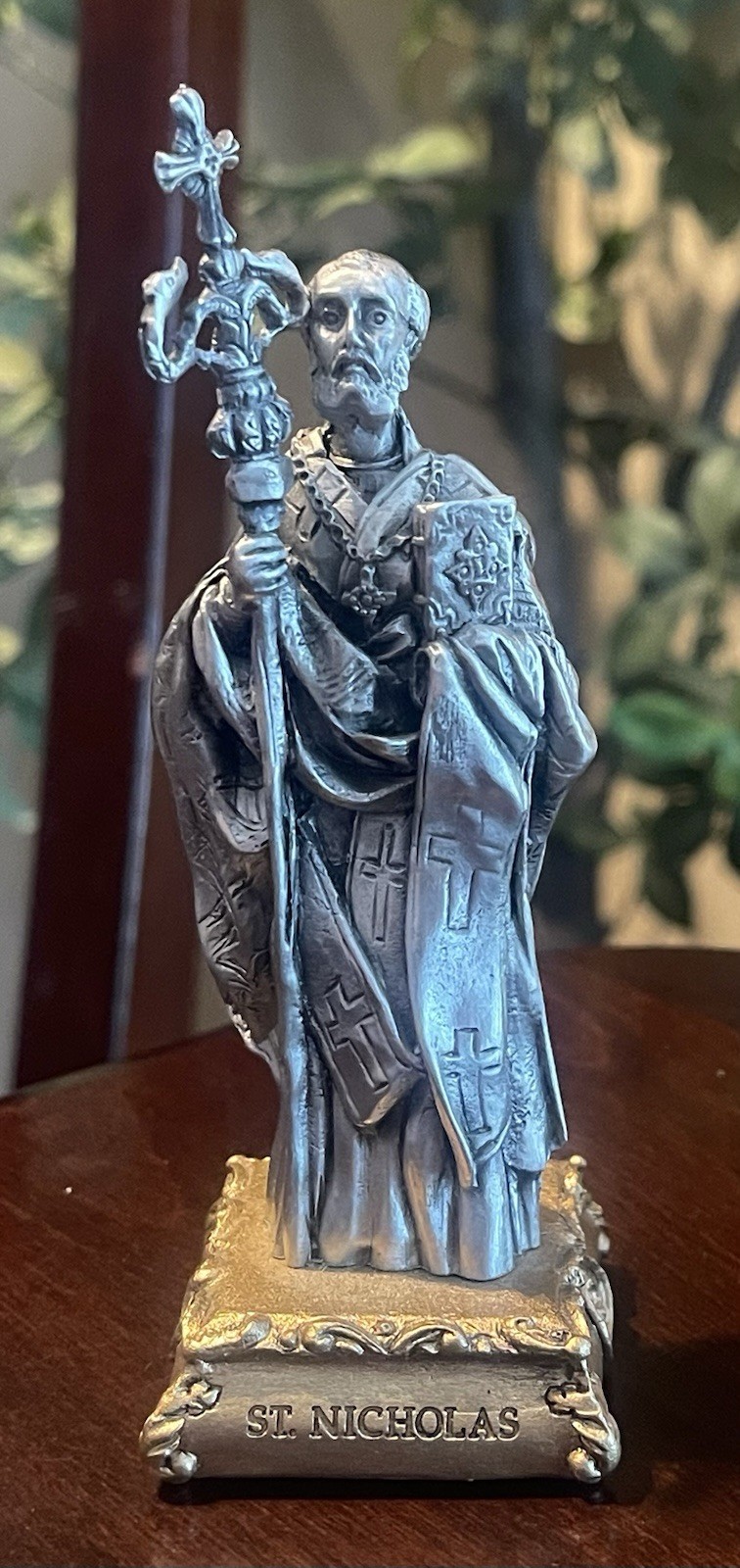 Pewter Saint St. Nicholas Figurine Statue on Gold Tone Base, 4 1/2