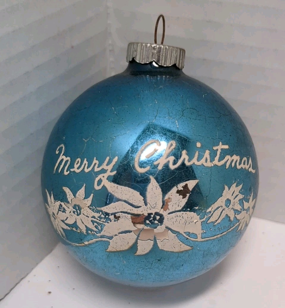 VTG 1951 Shiney Brite Merry Christmas W/Poinsettia Spray Ornament Stenciled