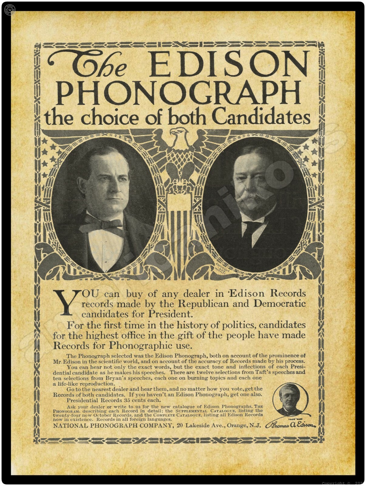 1908 Edison Phonograph Metal Sign: Wm. Taft  & W.J. Bryan Pictures LARGE SIZE 