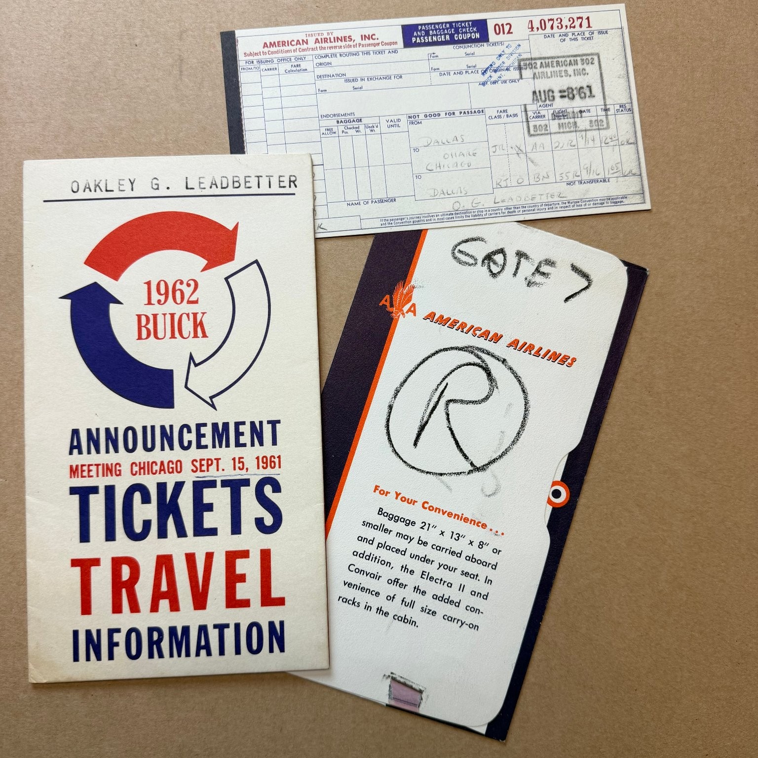 1961 American Airlines Buick Announcement Meeting Travel Itinerary Tickets