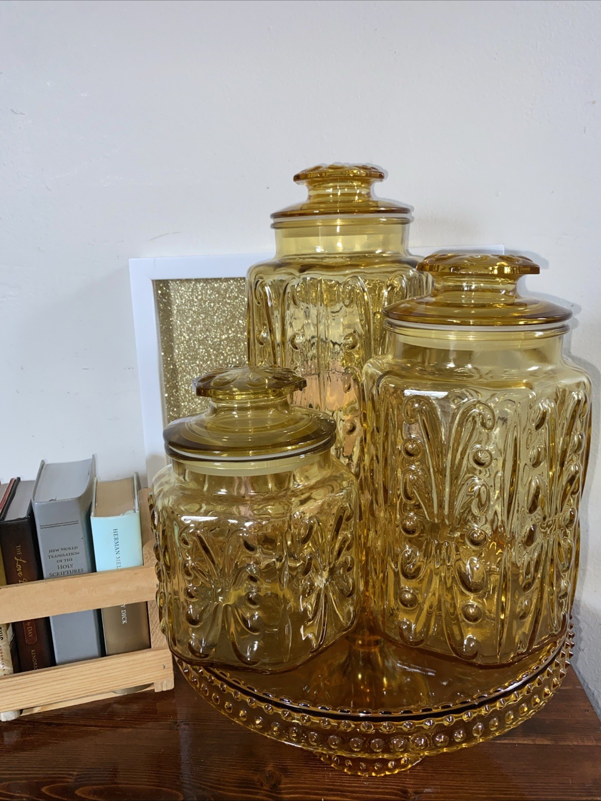 Vintage Federal Glass Honey Amber Atterbury Scroll 3pc Glass Canister Set