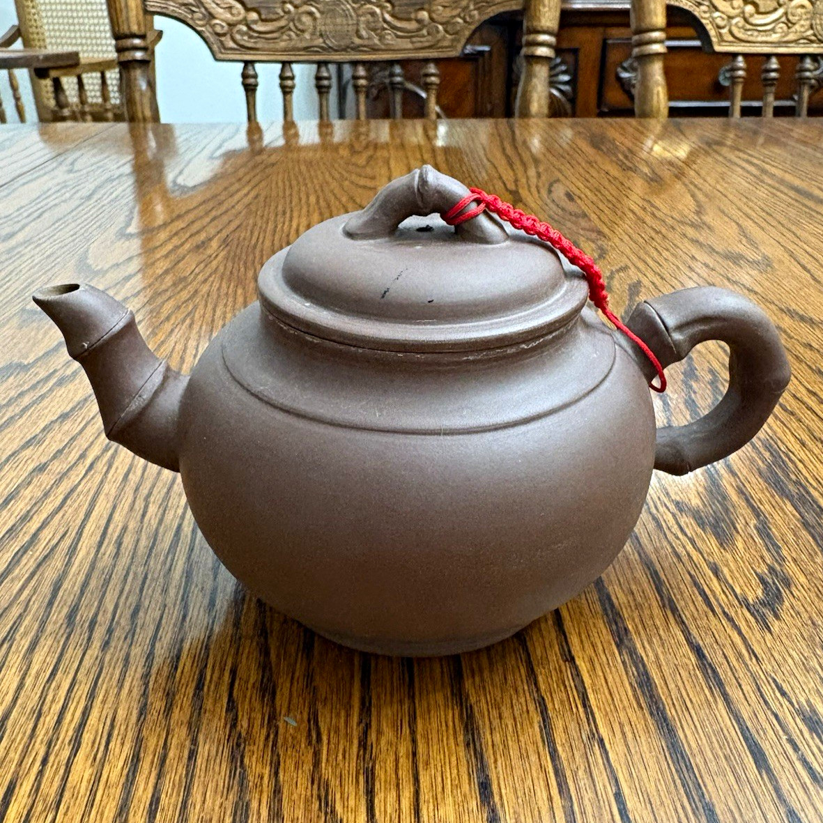 Vintage Chinese Clay Teapot with Lid, Red Cord/String & Stamp Mark Collectible