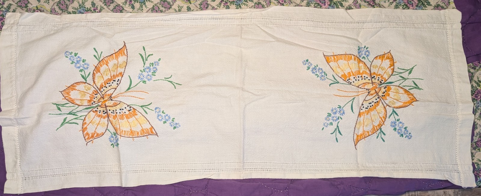 Table Runner Hand Embroidered Butterfly Cotton Vintage 40x13” Raw Edge