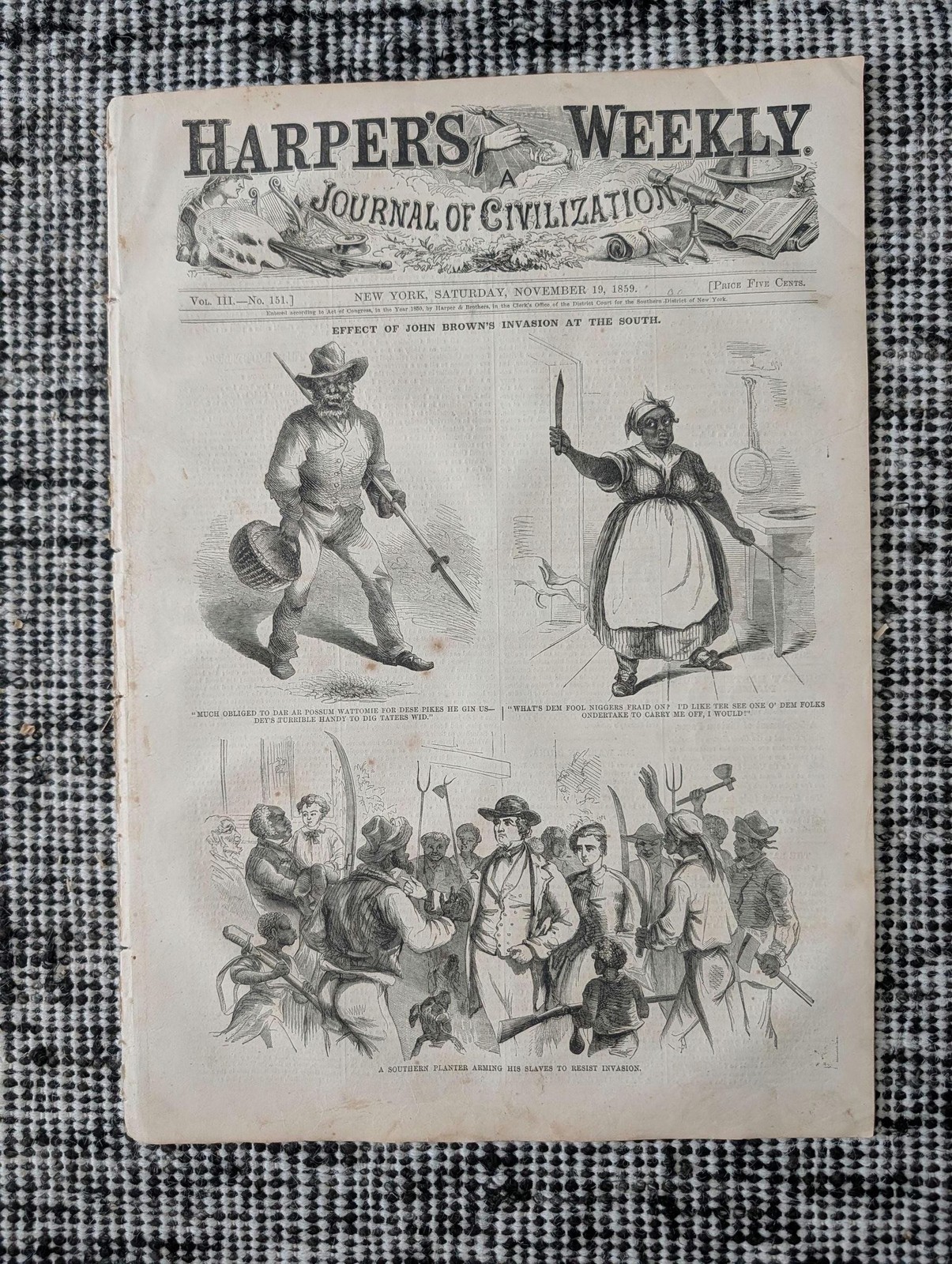 1859 John Browns Effect in the South Black Slaves Armed Tammany Election Nov 19