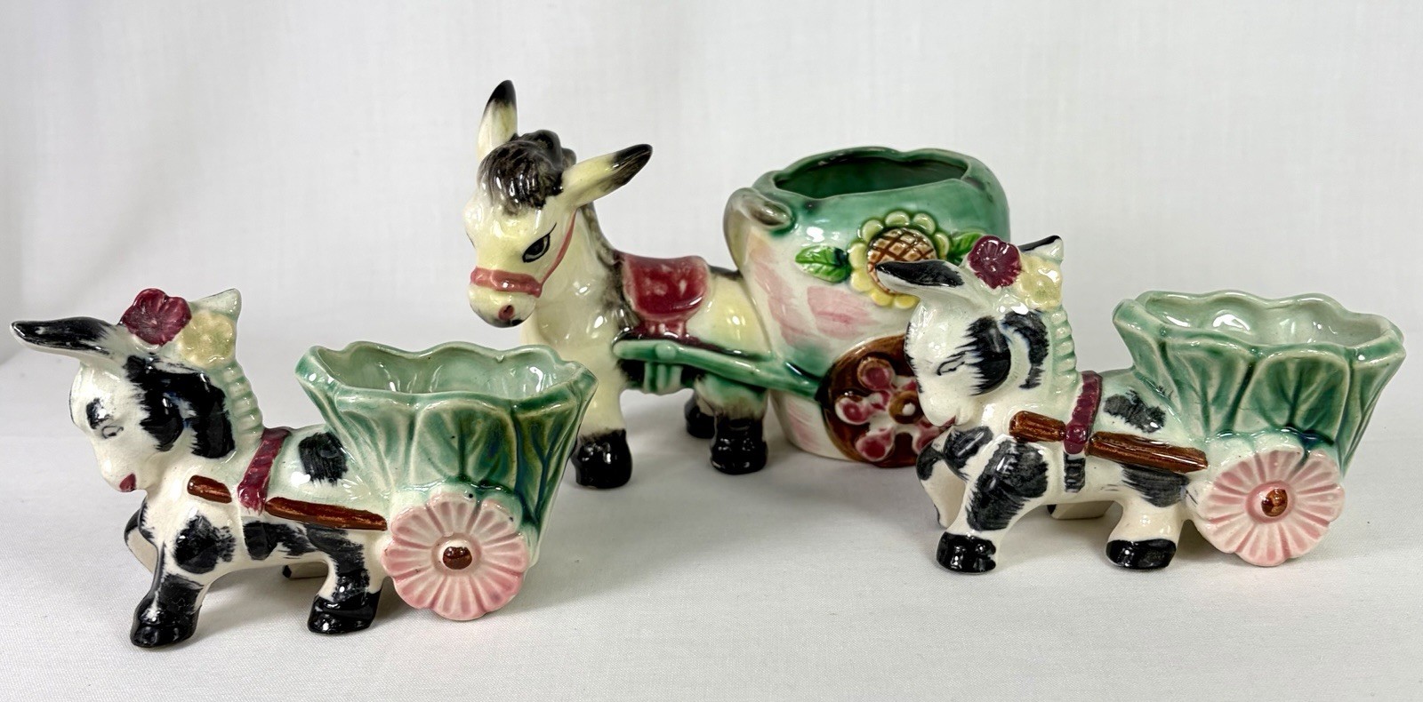 Vintage Lot of 3 Ceramic Donkeys Pulling Carts Planters Made in Japan