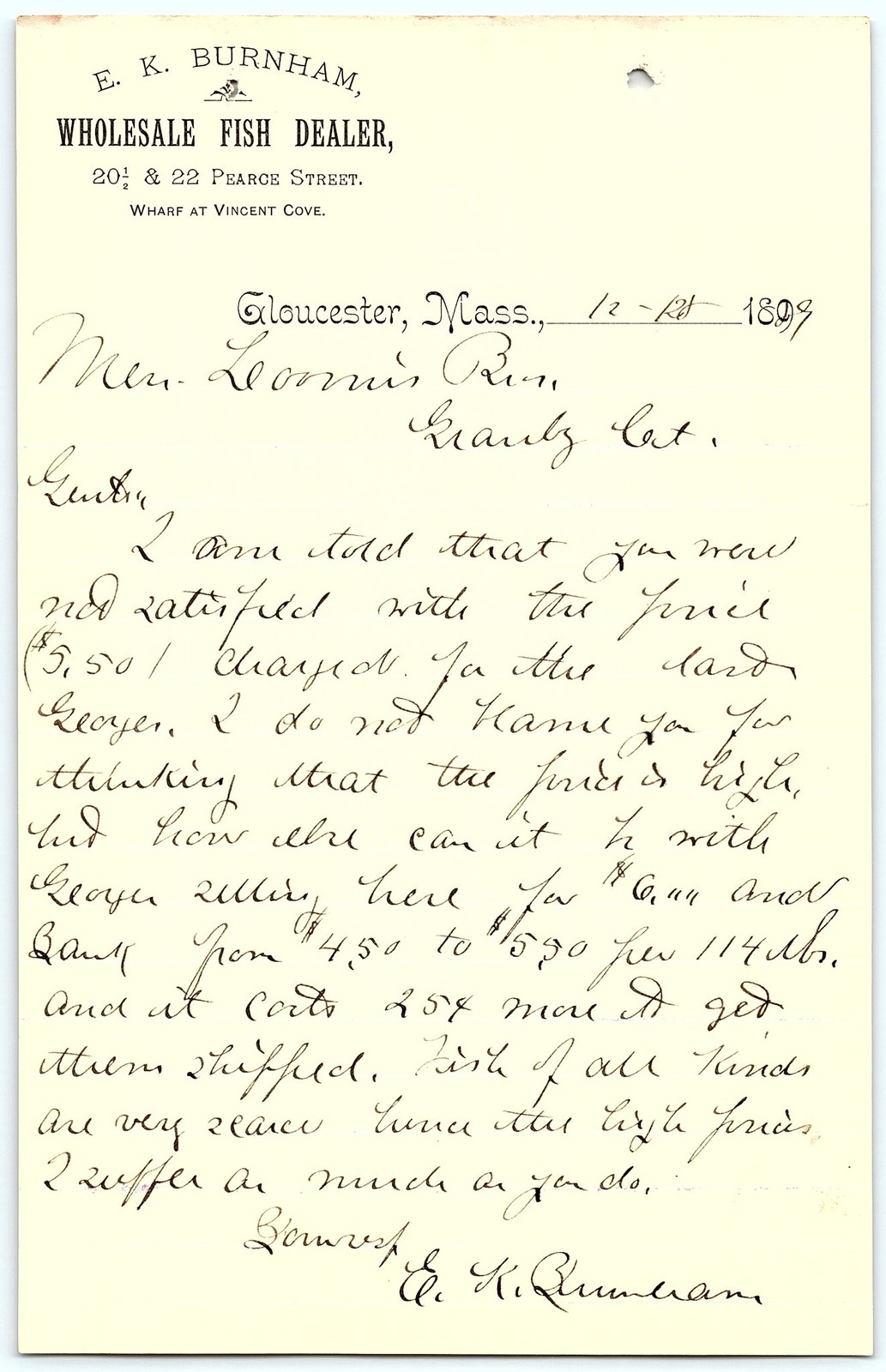 1899 E. K. Burnham Gloucester MA Fish Dealer Letter