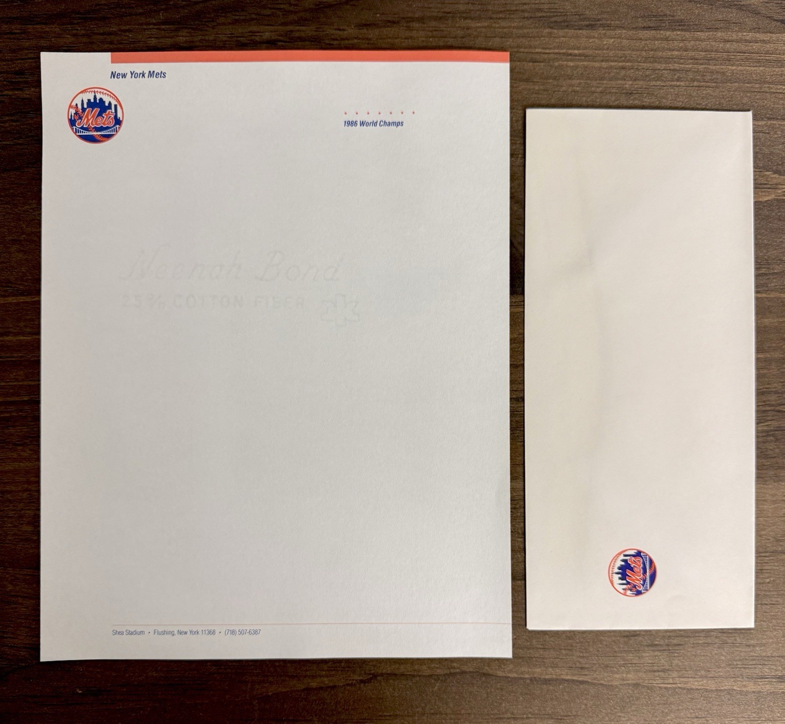 Vintage 1986 Mets World Series Team Issued  Letterhead And Envelope