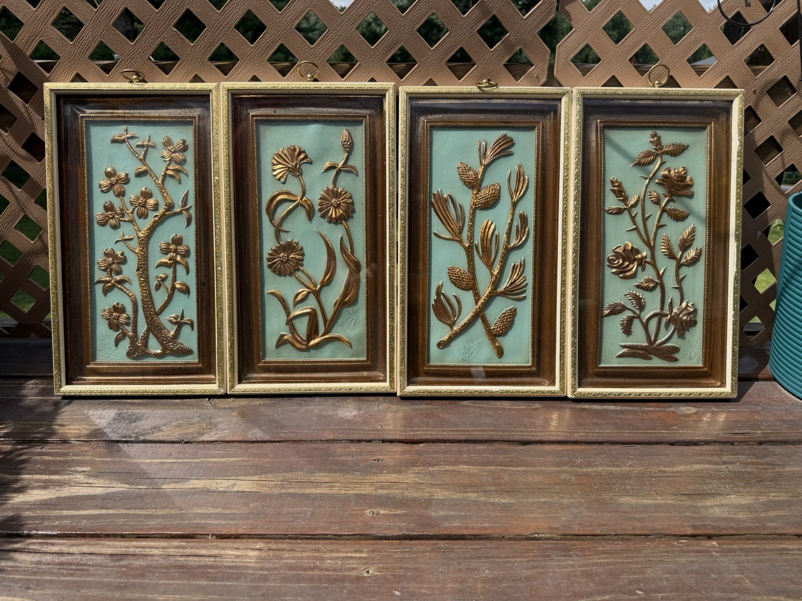 Vintage Homco Gold Floral Wall Plaques Set of 4 MCM Teal Blue Botanical 1970s