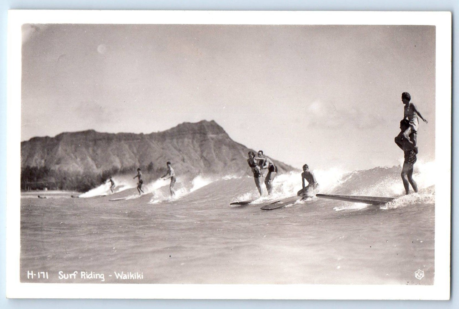 c1940's Beach Surf Riding Waikiki Hawaii HI RPPC Photo Vintage Postcard