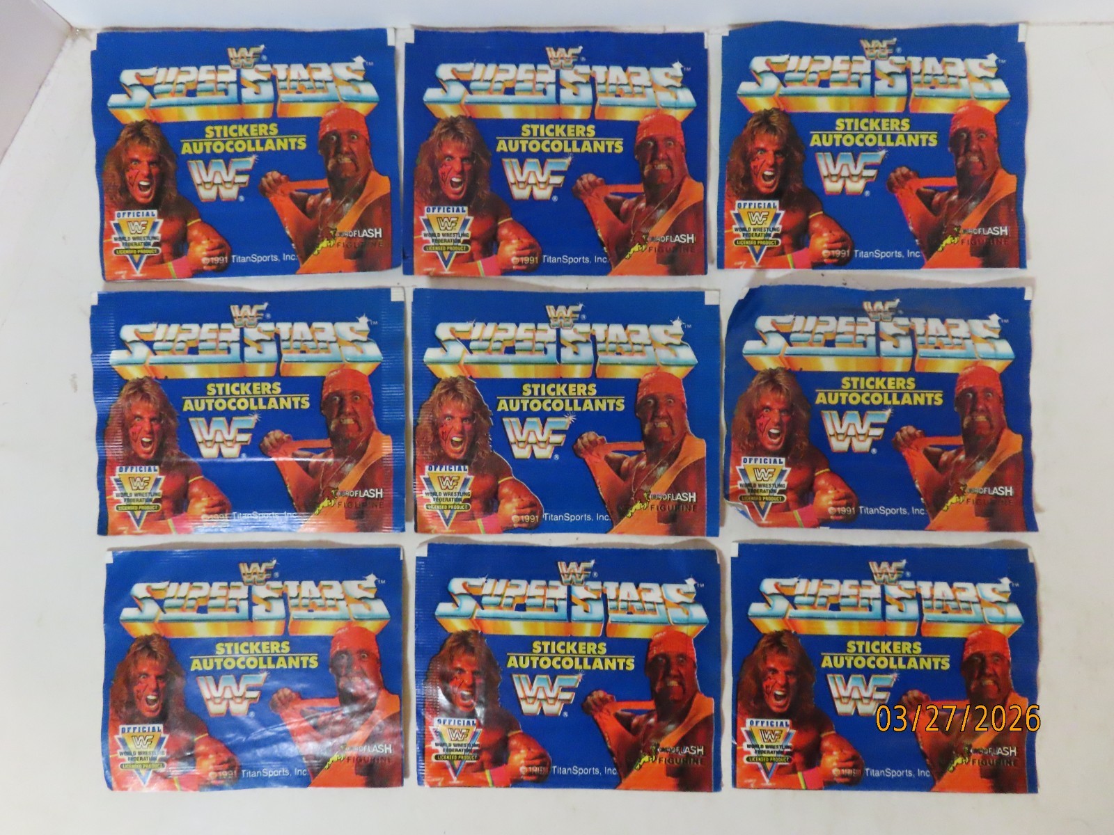Lot of 9 1991 WWF Superstars album sticker pack with stickers inside pls read