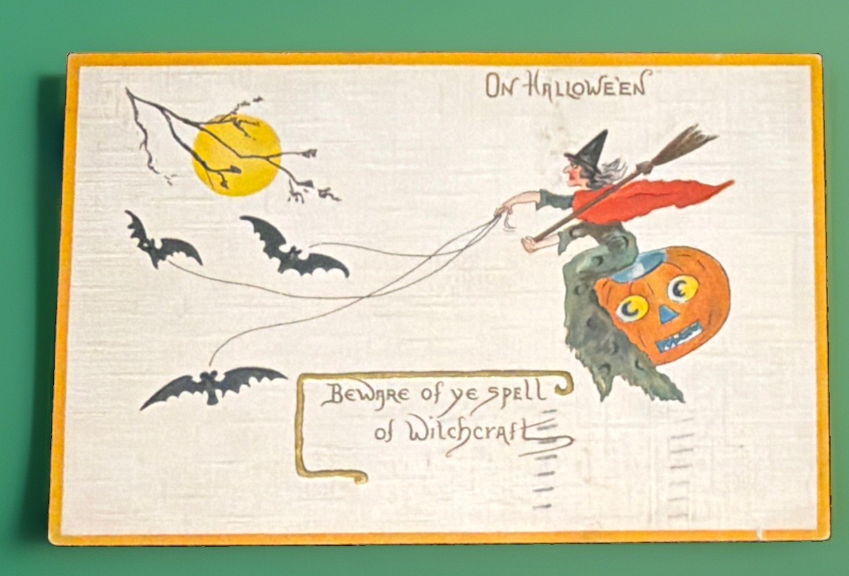 1914 Antique Halloween Postcard Leubrie Elkus No 7018 Embossed Witch Bats JOL