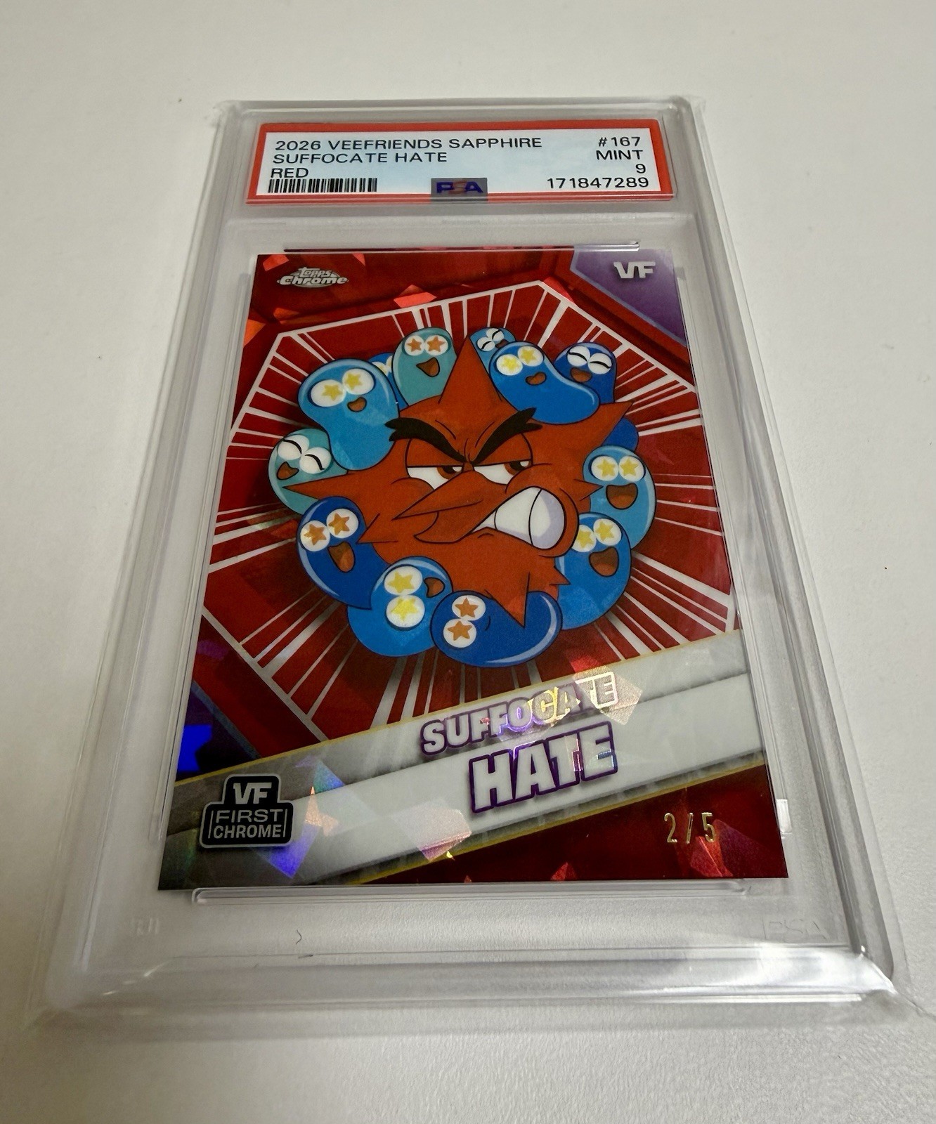2026 Topps Chrome VeeFriends Sapphire Suffocate Hate Red /5 PSA 9 First Chrome