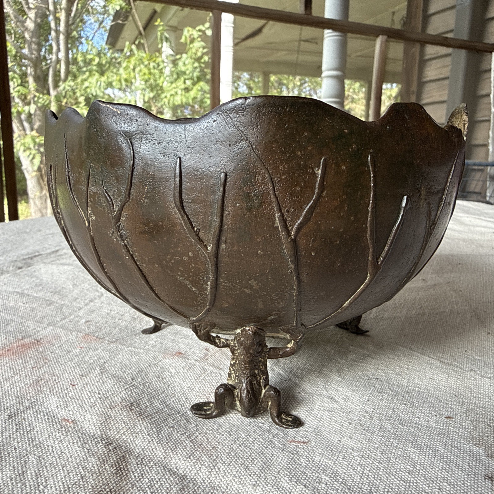 Antique Japanese Bronze Lotus Leaf Frogs Ikebana Bowl Meiji Period