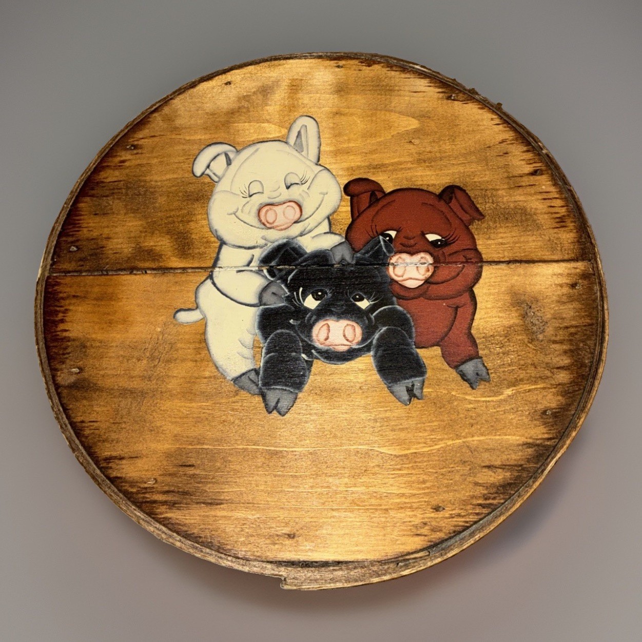 Vintage Seymour Woodenware Round Cheese Box Lid Hand Painted 3 Pigs Folk Art