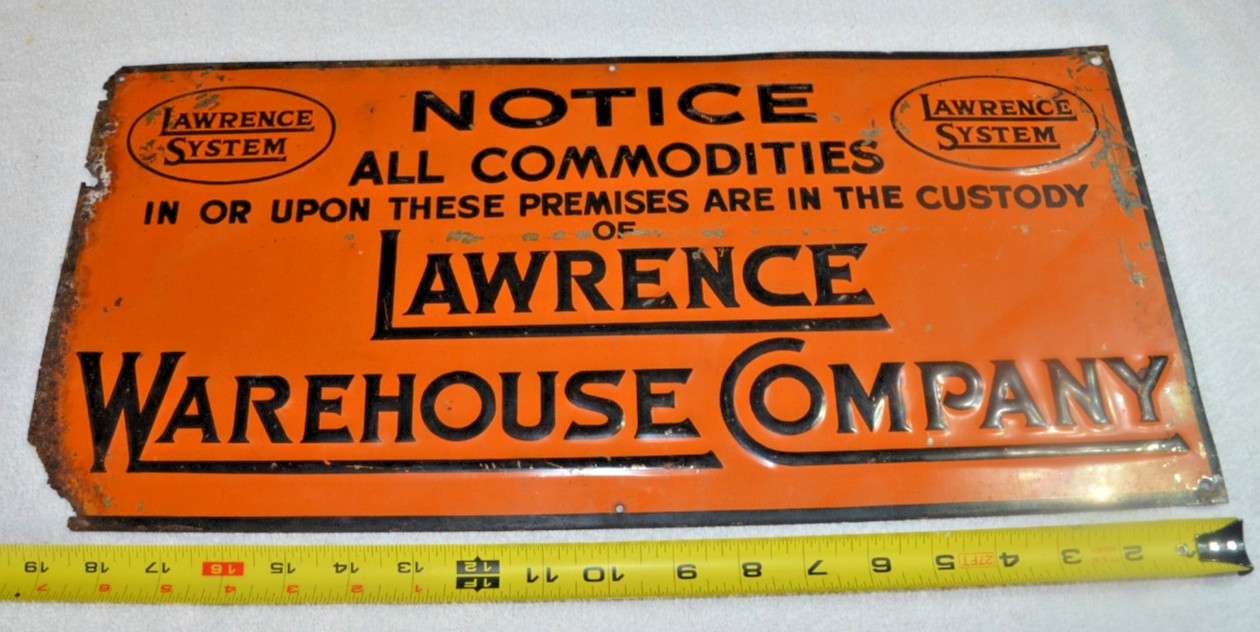Vintage Embossed Tin Sign Lawrence Warehouse Company All Commodities Notice  19\