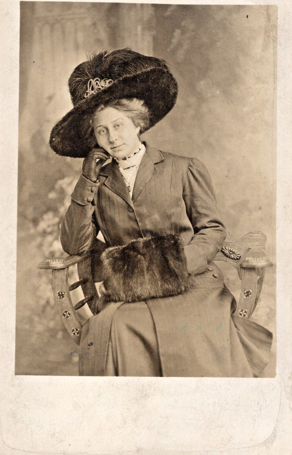 Vintage Studio Real Photo Postcard Woman with Large Fur Hat & Fur Muff