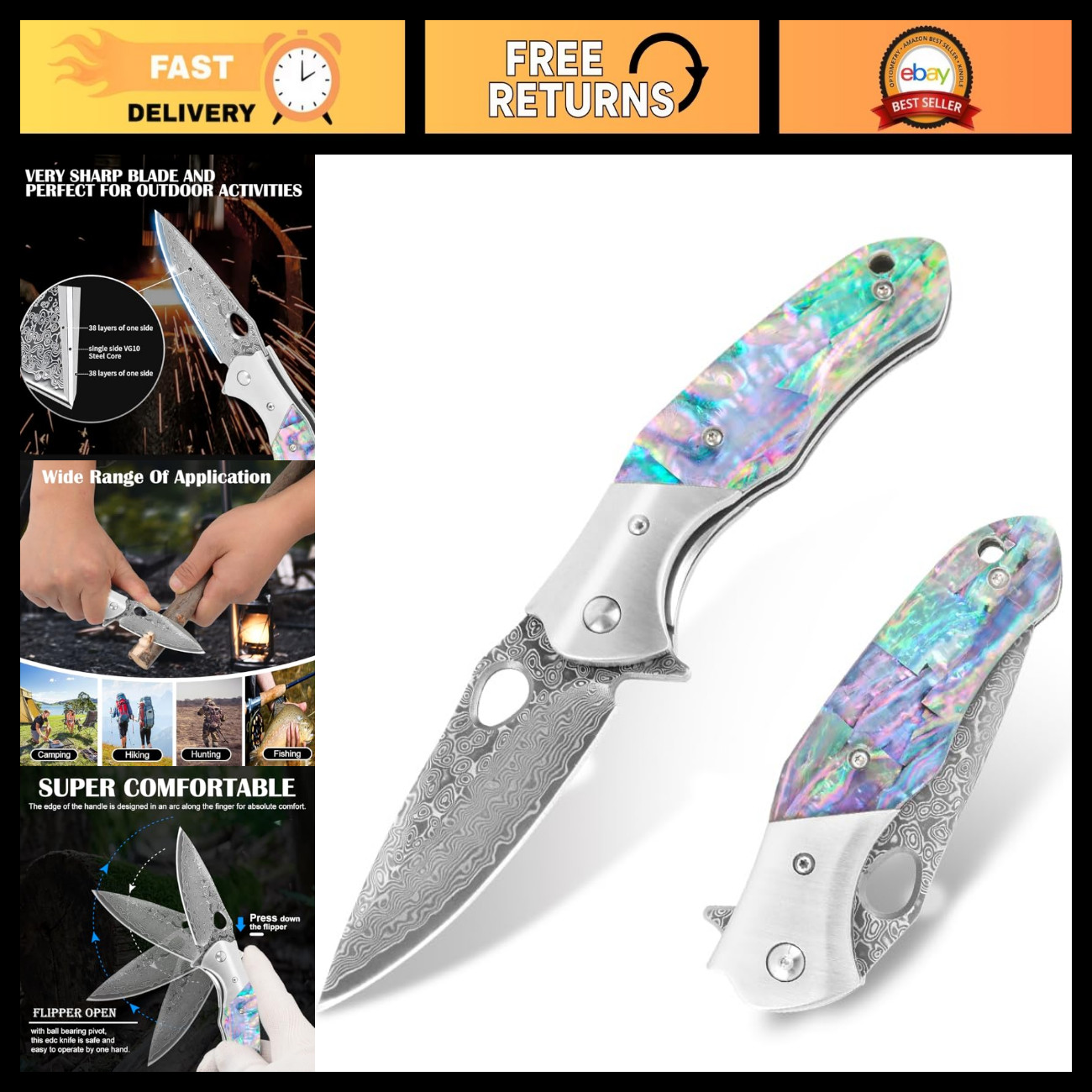 Unique Rainbow Abalone Folding Pocket Knife - VG10 Damascus Steel for Camping, F