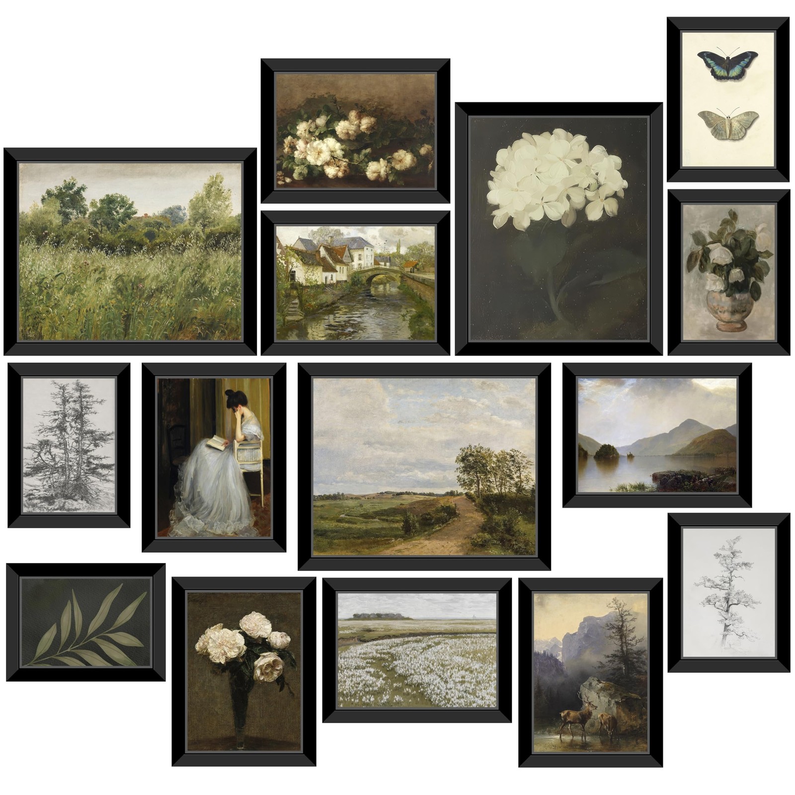 LANCHI95 Framed Vintage Wall Art Set of 15 Moody Antique Botanical Landscape