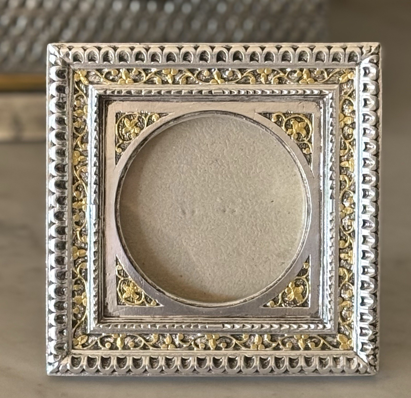 Vintage Silver & Gold Heavy Resin Scroll Design Frame  - Square w/ Oval Opening