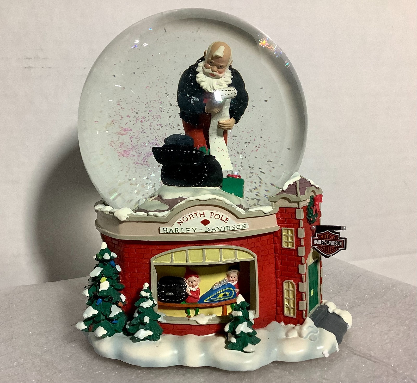 Vtg \'01 Harley Davidson Animated Musical Snow Globe - Harley Clause & Elfs