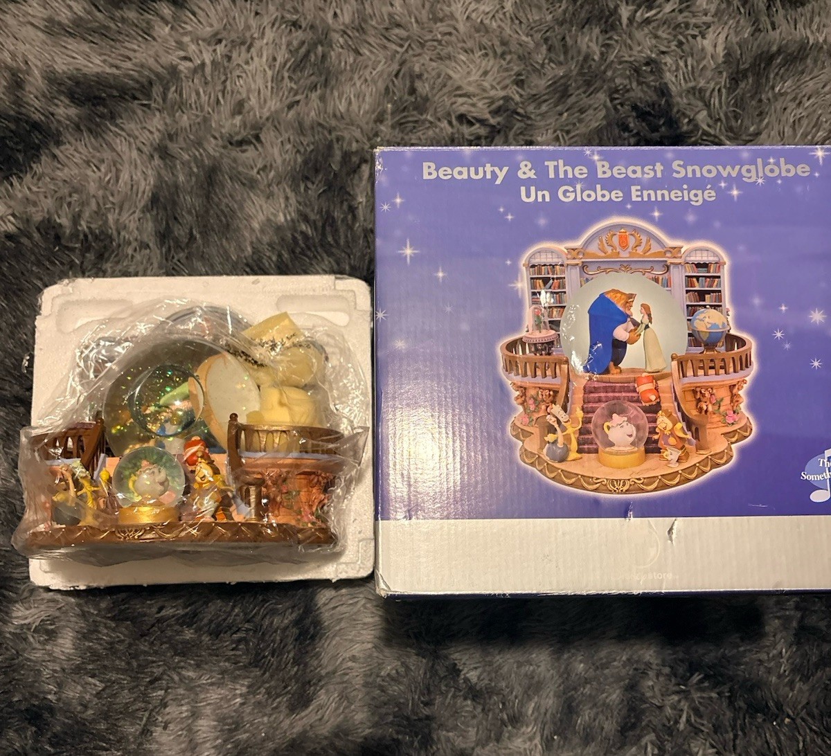 RARE VTG Disney Beauty & the Beast Library Double Snow Globe Music Box 90's