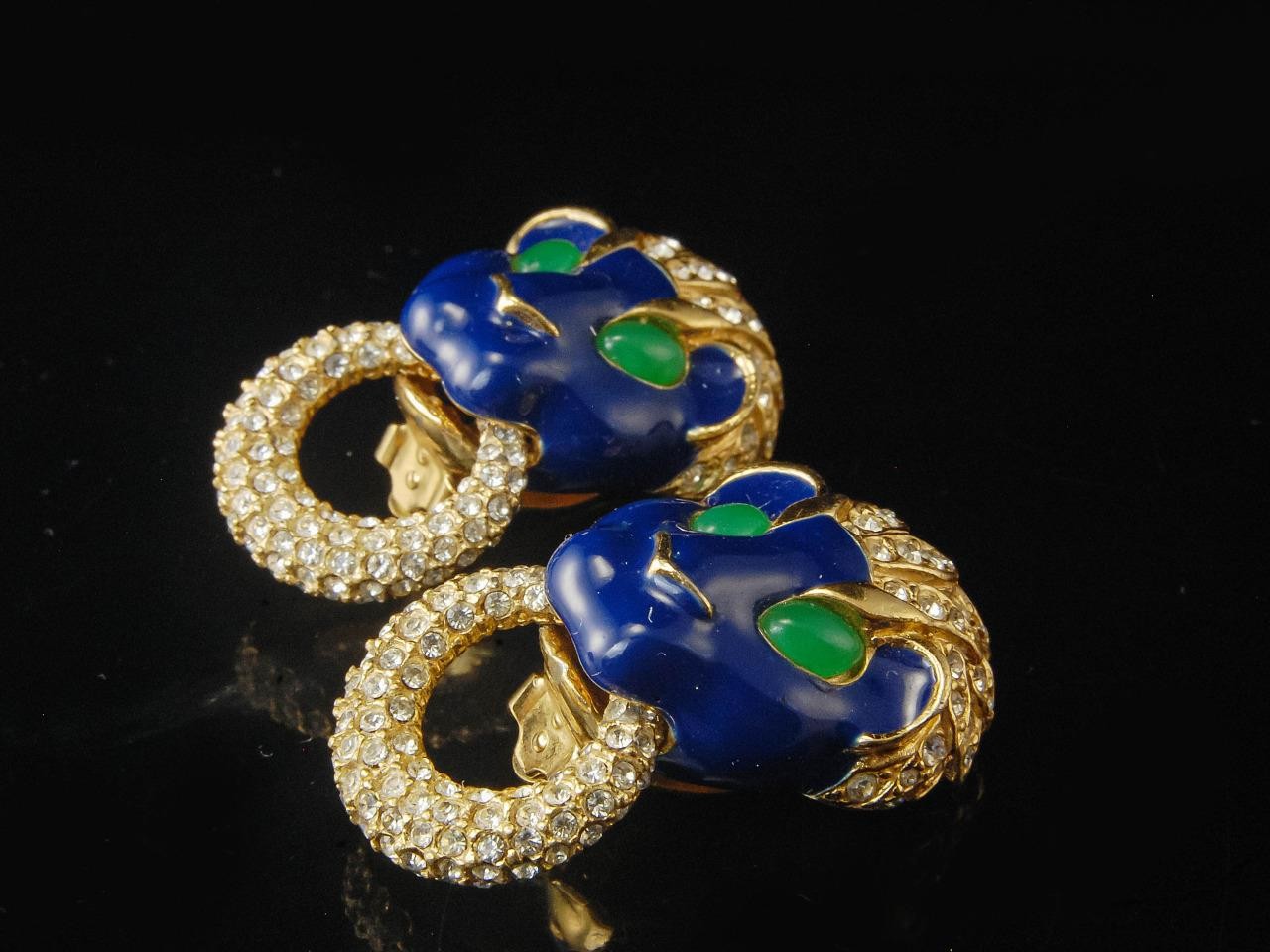 VINTAGE CINER TIGER COBALT ENAMEL JADE GLASS RHINESTONE GOLD TONE EARRINGS
