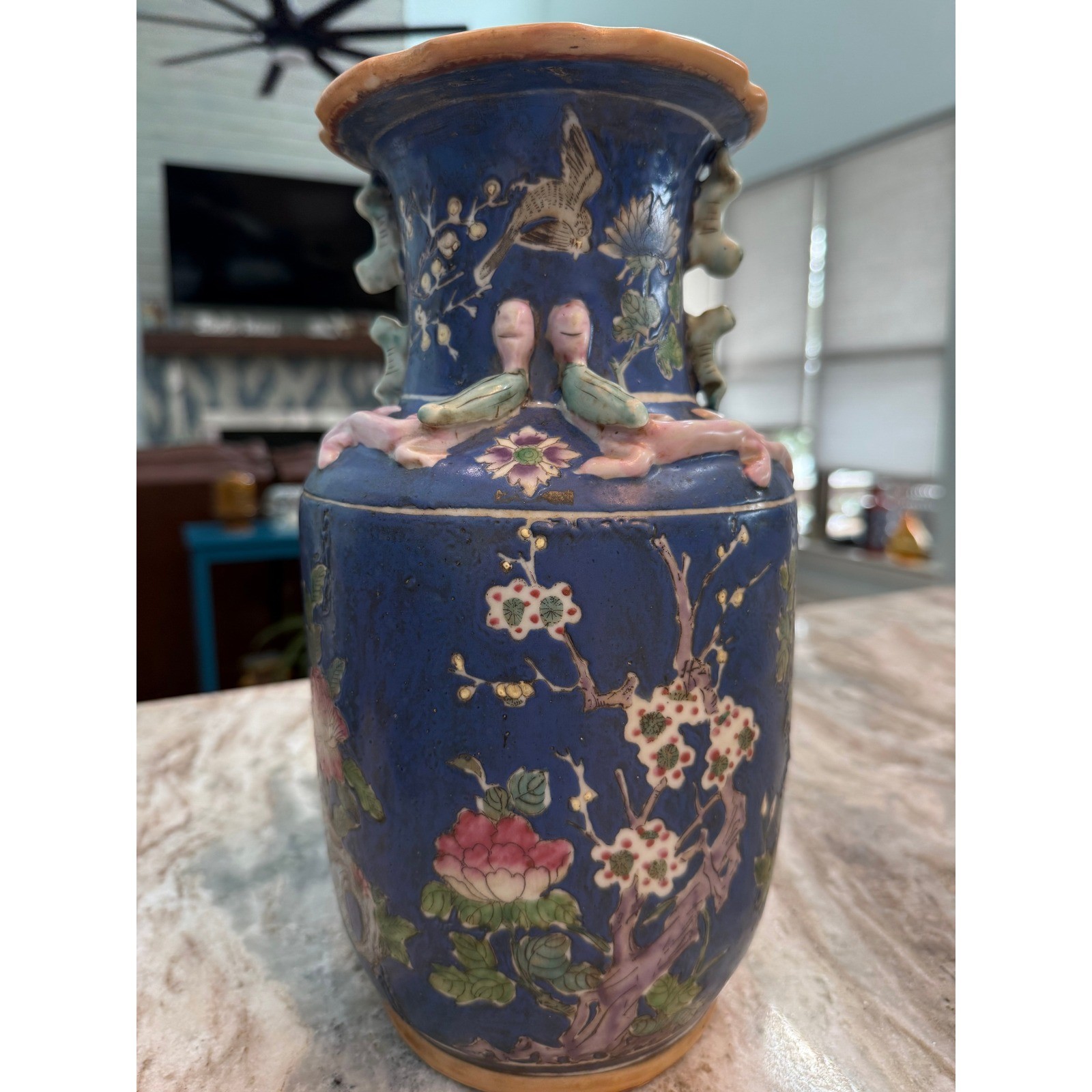 Antique Chinese Famille Rose Blue Ground Vase Boys Flowers Qianlong Mark 12\