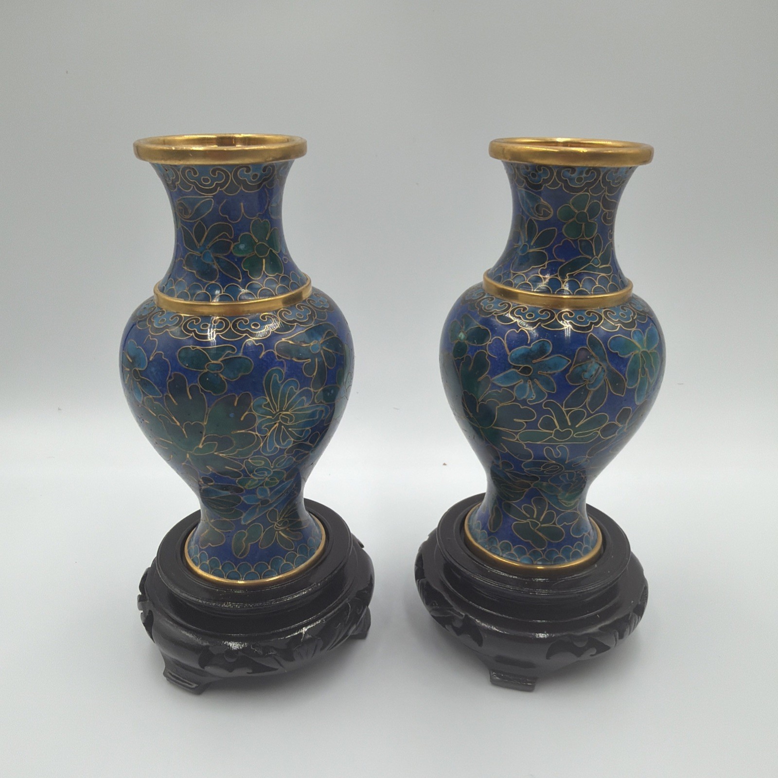 Pair of Vintage Chinese Cloisonné Blue Floral Vases with Wooden Stands