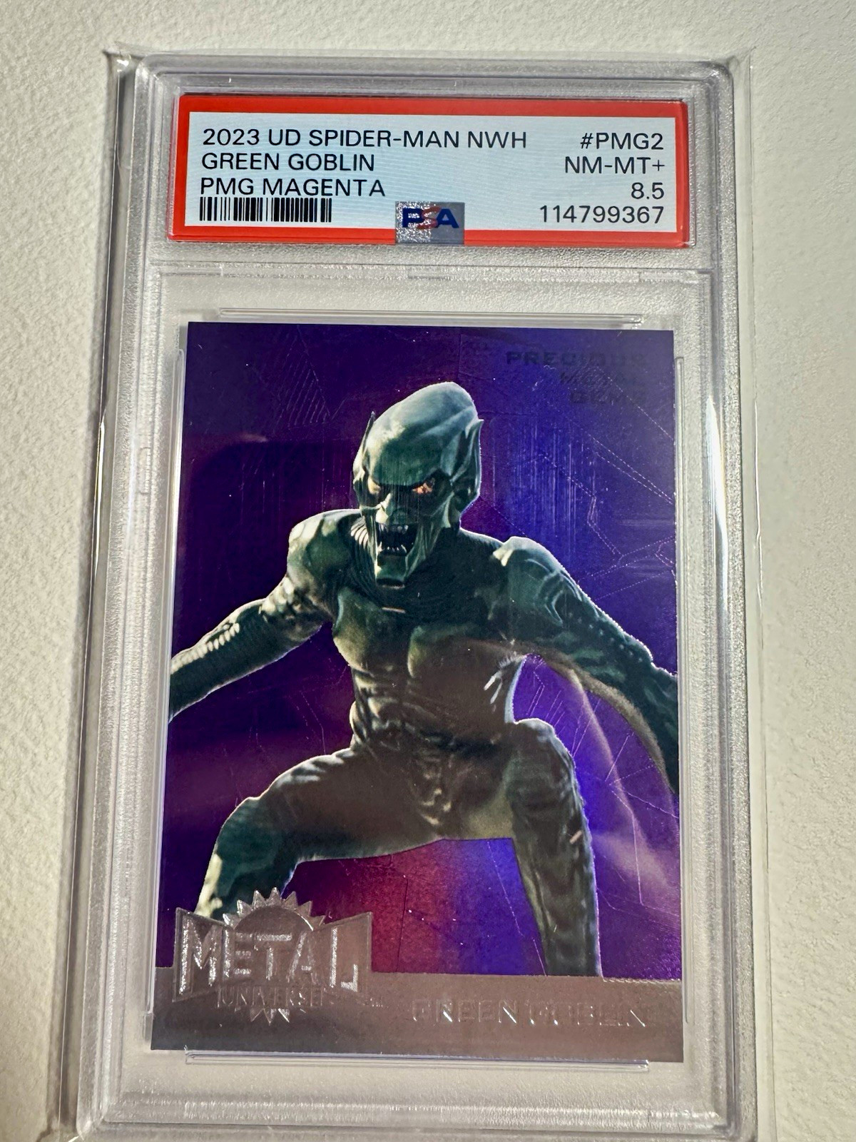 2023 UD Spider-Man No Way Home Green Goblin PMG Magenta PSA 8.5 highest grade