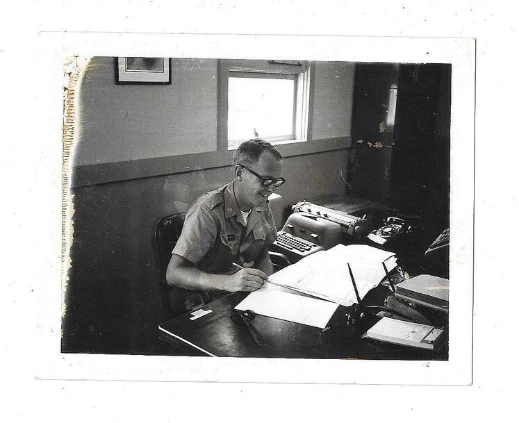 VTG B&W Found Photo Snapshot Military Man Uniform Thick Glasses(BCG\'s) Working